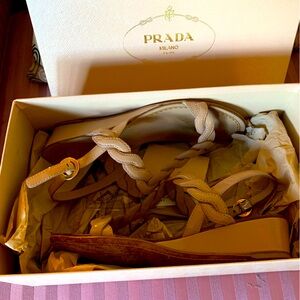 Prada braided wedge sandals, nude patent leather, size 37.5